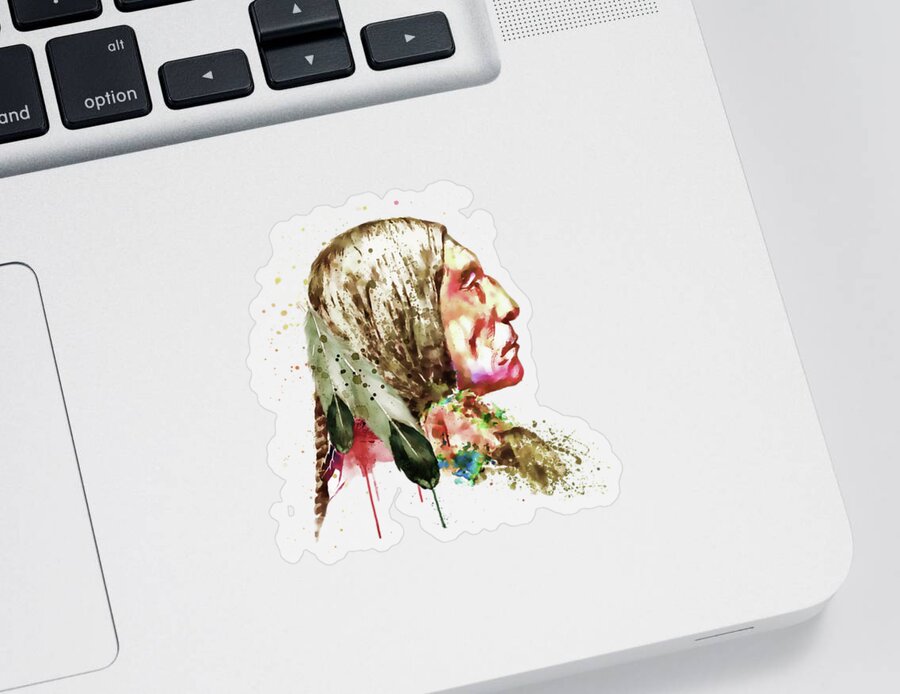 Marian Voicu Sticker featuring the painting Native American Side Face by Marian Voicu