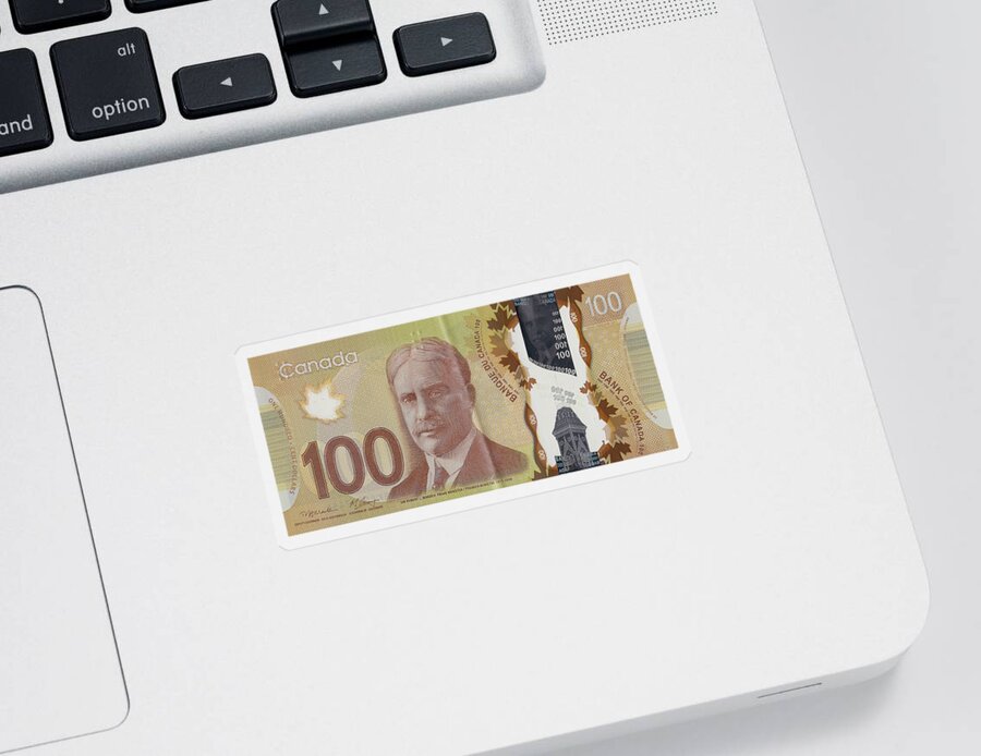 'paper Currency' By Serge Averbukh Sticker featuring the digital art New One Hundred Canadian Dollar Bill by Serge Averbukh