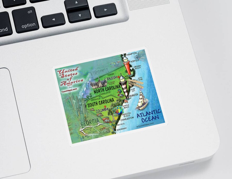 North Carolina Sticker featuring the digital art North South Carolina Fun Map by Kevin Middleton