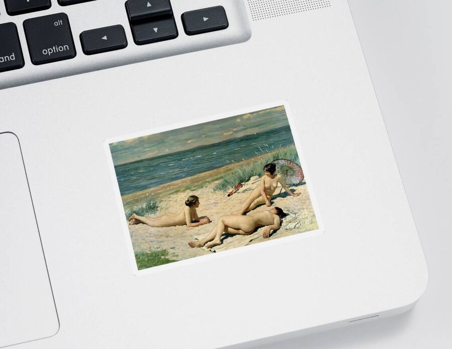 Nude Sticker featuring the painting Nude bathers on the beach by Paul Fischer