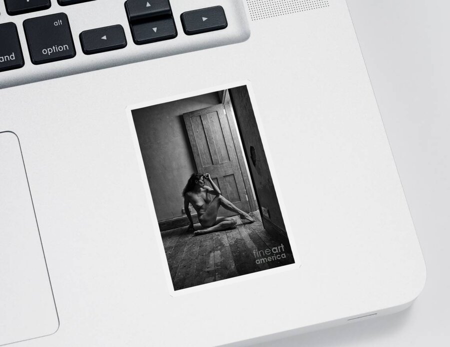 Woman Sticker featuring the photograph Nude woman sitting by doorway in abandoned room by Clayton Bastiani
