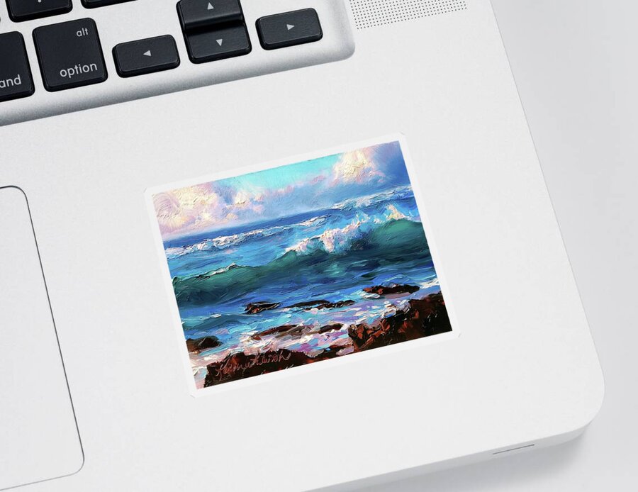 Seascape Sticker featuring the painting Coastal Ocean Sunset at Turtle Bay, Oahu Hawaii Beach seascape by K Whitworth