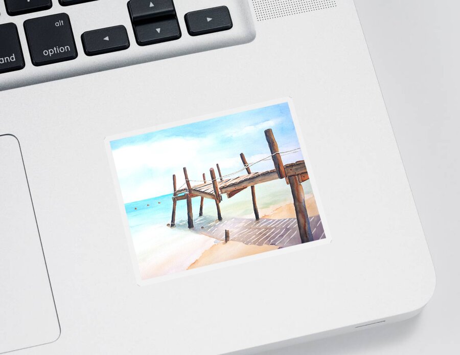 Pier Sticker featuring the painting Old Fishing Pier Watercolor by Carlin Blahnik CarlinArtWatercolor
