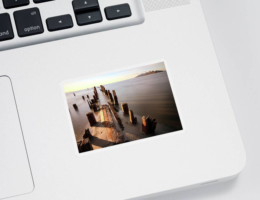 Utah; Abstract; Landscape; Great Salt Lake; Sunset; Salt; Orange; Pink; Red; Lake; Water; Reflection; Waves Sticker featuring the photograph Old Floating Pier Sunset by Brett Pelletier