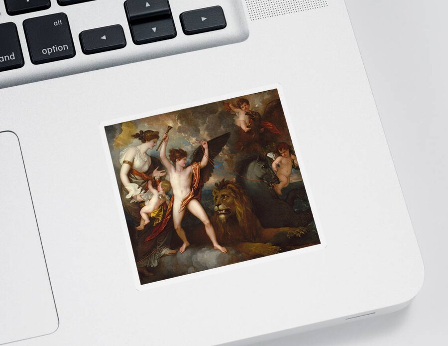 Benjamin West Sticker featuring the painting Omnia Vincit Amor or The Power of Love in the Three Elements by Benjamin West