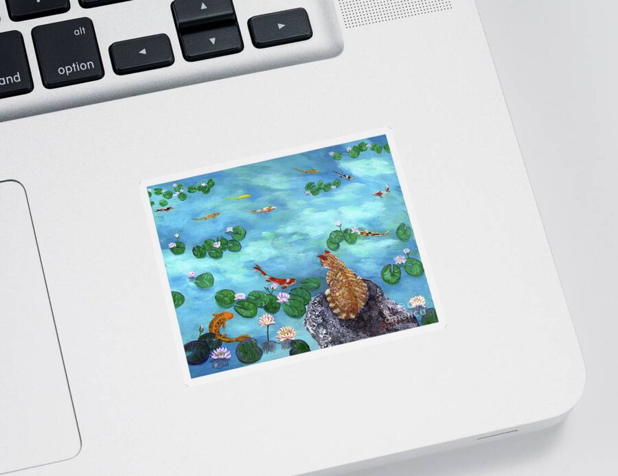 Orange Sticker featuring the painting Orange Cat at Koi Pond by Laura Iverson