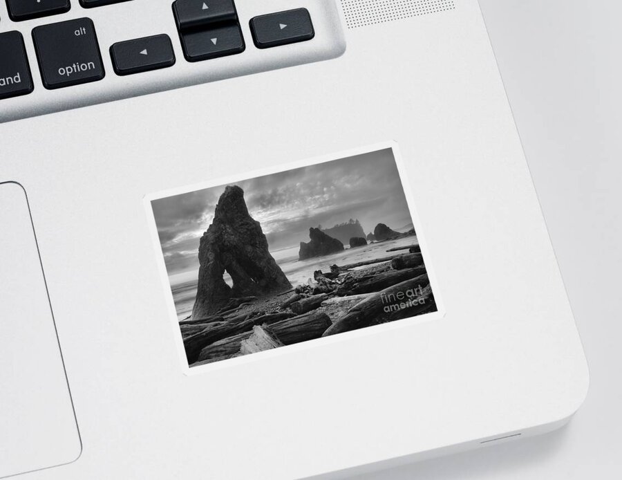 Ruby Beach Sticker featuring the photograph Orange Skies Over Ruby Beach Black And White by Adam Jewell