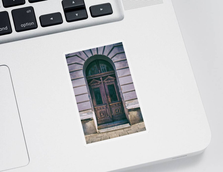 Gate Sticker featuring the photograph Ornamented wooden gate in violet tones by Jaroslaw Blaminsky