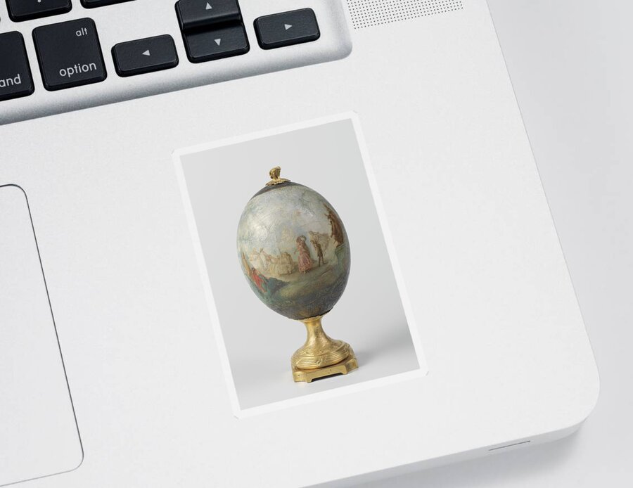 Ostrich Egg On The Basis Of Gilded Bronze Sticker featuring the painting Ostrich egg on the basis of gilded bronze with painted depiction of a dance in the open air with or by Vintage Collectables