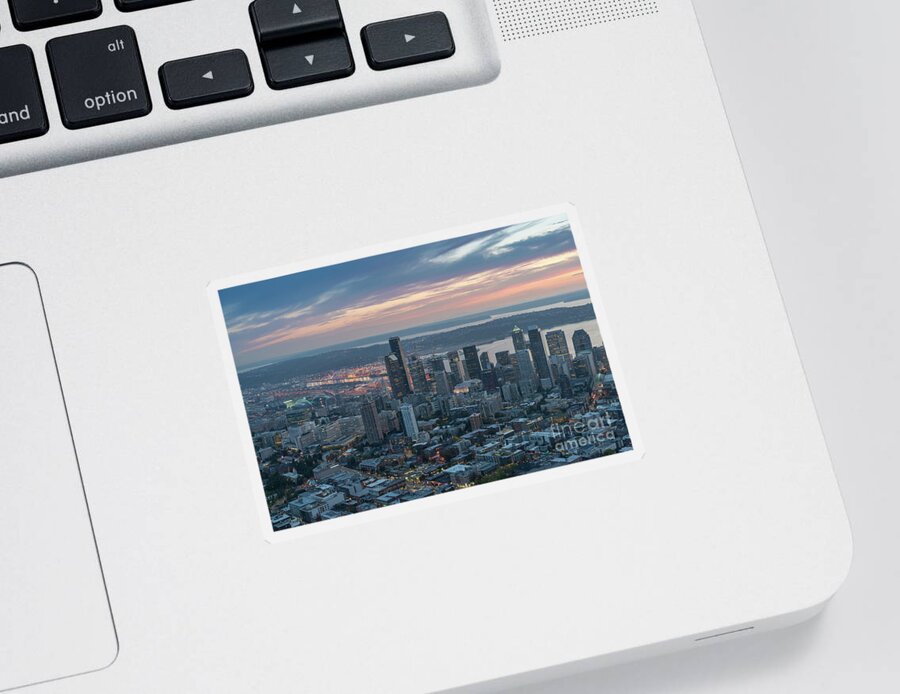 Seattle Sticker featuring the photograph Over Seattle Downtown and the Stadiums by Mike Reid