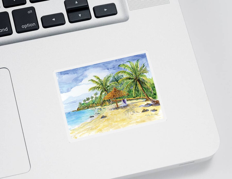 Palappa Sticker featuring the painting Palappa n Adirondack Chairs on a Caribbean Beach by Audrey Jeanne Roberts