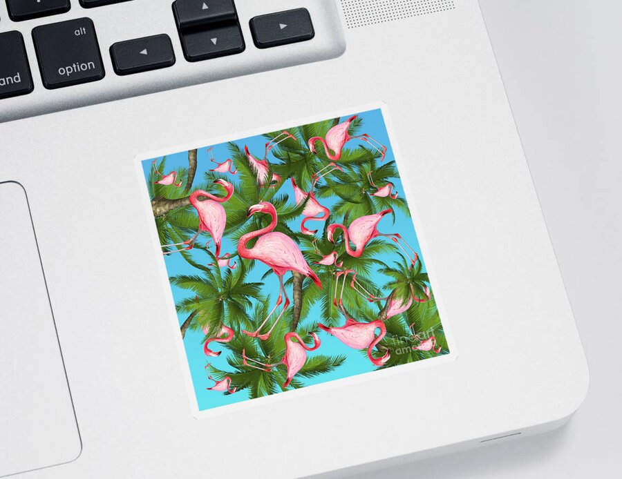  Summer Sticker featuring the digital art Palm tree and flamingos by Mark Ashkenazi