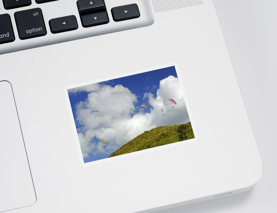 Bright Sticker featuring the photograph Paragliders Above Mam Tor by Rod Johnson