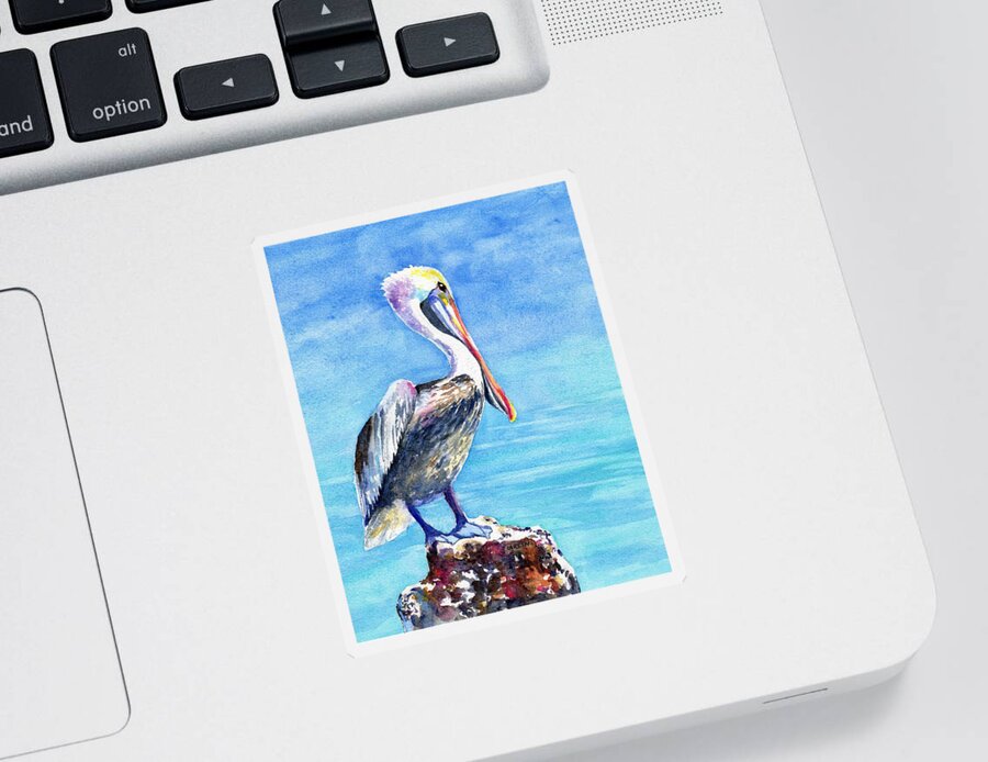 Pelican Sticker featuring the painting Pelican on a Post by Carlin Blahnik CarlinArtWatercolor