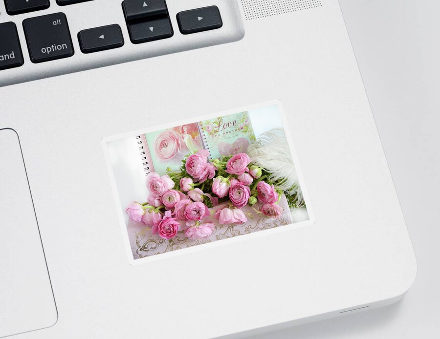 Ranunculus Sticker featuring the photograph Peonies Ranunculus Roses Shabby Chic Cottage Love - Pink Floral Cottage Home Decor by Kathy Fornal
