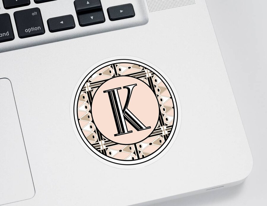 Art Deco Sticker featuring the digital art Pink Champagne Deco Monogram K by Cecely Bloom