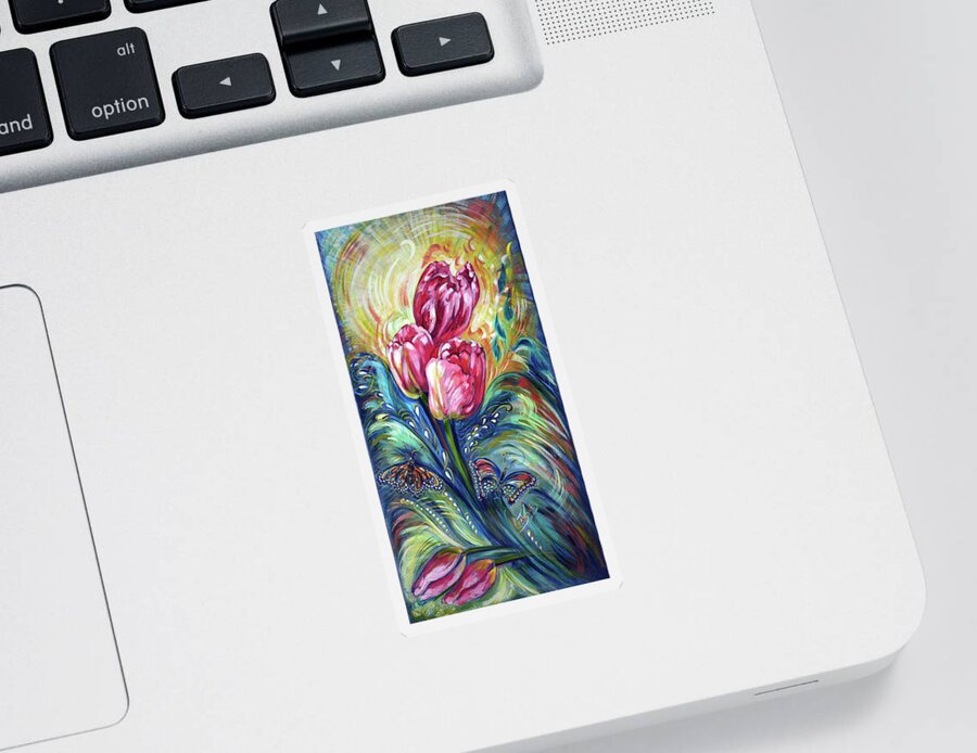 Tulip Sticker featuring the painting Pink Tulips and Butterflies by Harsh Malik