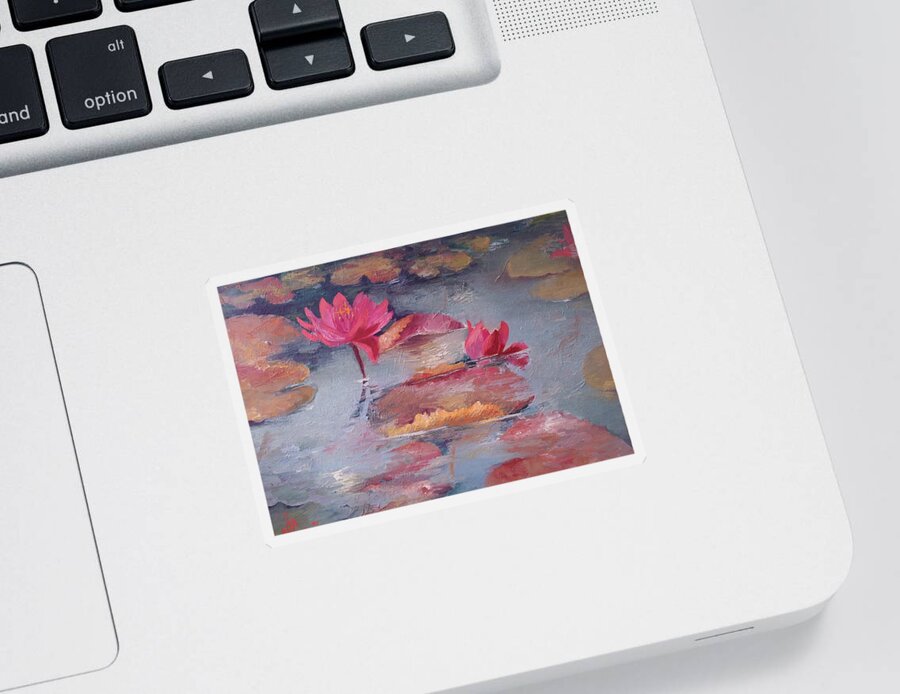 Waterlilies Sticker featuring the painting Pink waterlilies by Vali Irina Ciobanu