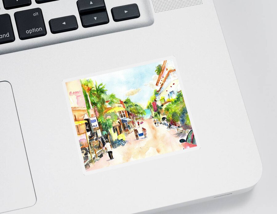 Playa Del Carmen Sticker featuring the painting Playa del Carmen Mexico Shops by Carlin Blahnik CarlinArtWatercolor