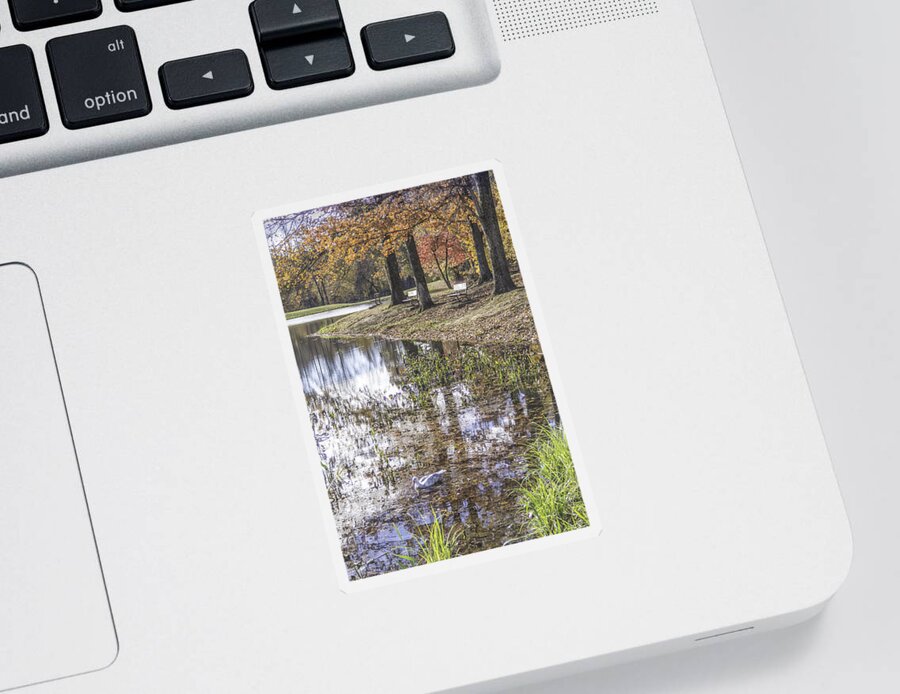 Pond Sticker featuring the photograph Pond Bench Ponderings by Allen Nice-Webb