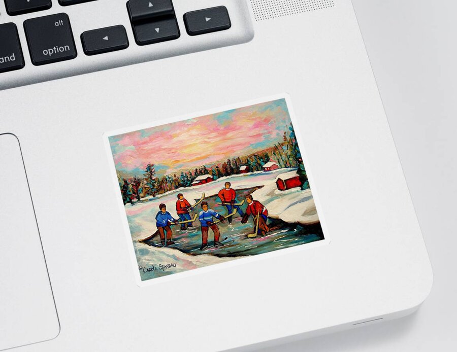 Montreal Sticker featuring the painting Pond Hockey Countryscene by Carole Spandau