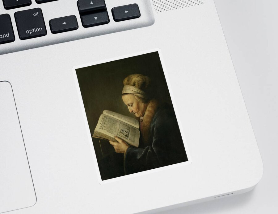 17th Century Art Sticker featuring the painting Portrait of an Old Woman Reading by Gerrit Dou