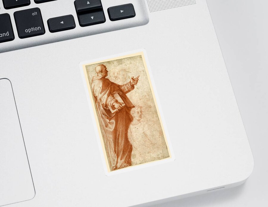 Baccio Bandinelli Sticker featuring the drawing Profile Study of a standing Saint holding a Book with subsidiary Studies of three additional Figures by Baccio Bandinelli