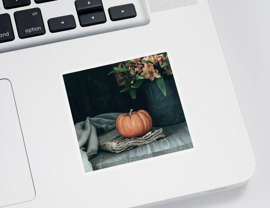Pumpkin Sticker featuring the photograph Pumpkin and Flowers Still Life by Kim Hojnacki