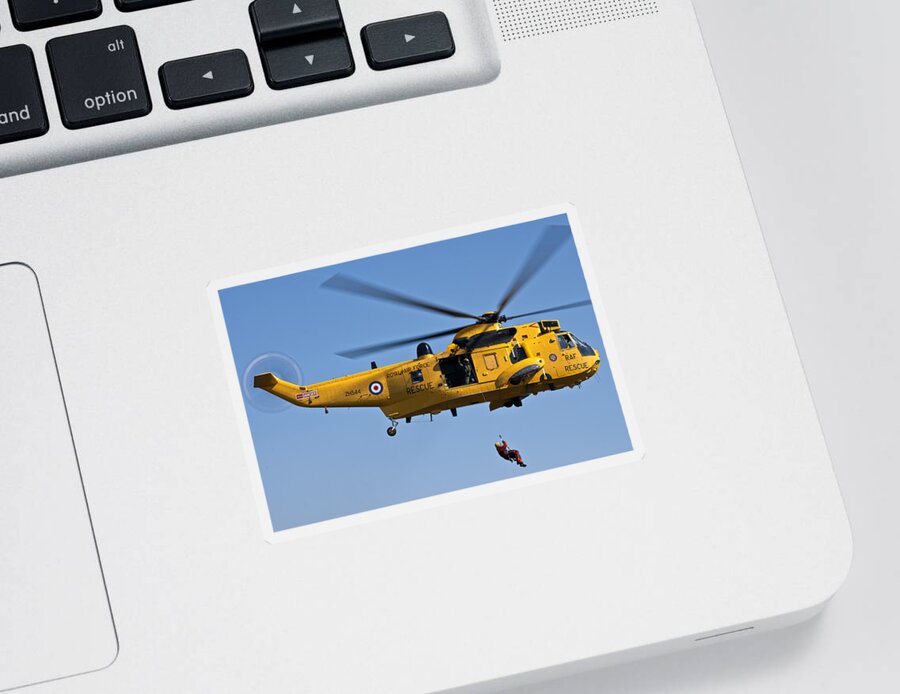 Raf Sea King Helicopter; Armed Forces; Raf; Aviation; Helicopter; Search And Rescue; Display; Sky; Yellow; Emergency Service; Sea King Helicopter; Sea King; Rescue; Flight; Nautical; Aircraft; Historic; Raf Chivenor; Chivenor Sticker featuring the photograph RAF Sea King Search and Rescue Helicopter 2 by Steve Purnell