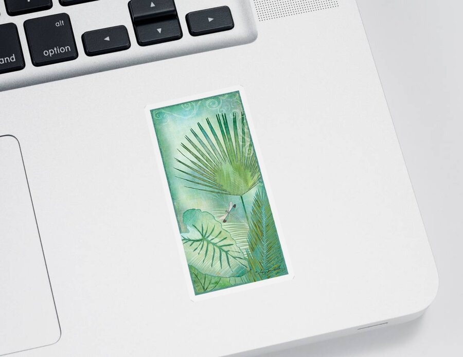 Jungle Sticker featuring the painting Rainforest Tropical - Elephant Ear and Fan Palm Leaves w Botanical Dragonfly by Audrey Jeanne Roberts