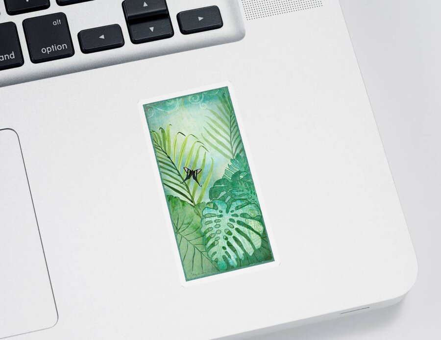 Jungle Sticker featuring the painting Rainforest Tropical - Philodendron Elephant Ear and Palm Leaves w Botanical Butterfly by Audrey Jeanne Roberts