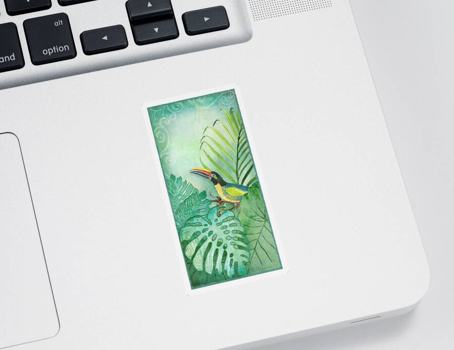 Toucan Sticker featuring the painting Rainforest Tropical - Tropical Toucan w Philodendron Elephant Ear and Palm Leaves by Audrey Jeanne Roberts