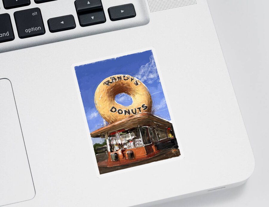 Randy's Donuts Sticker featuring the mixed media Randy's Donuts by Russell Pierce