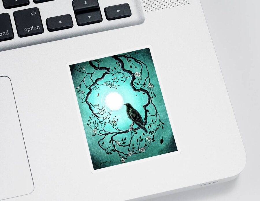 Crow Sticker featuring the painting Raven in Teal by Laura Iverson