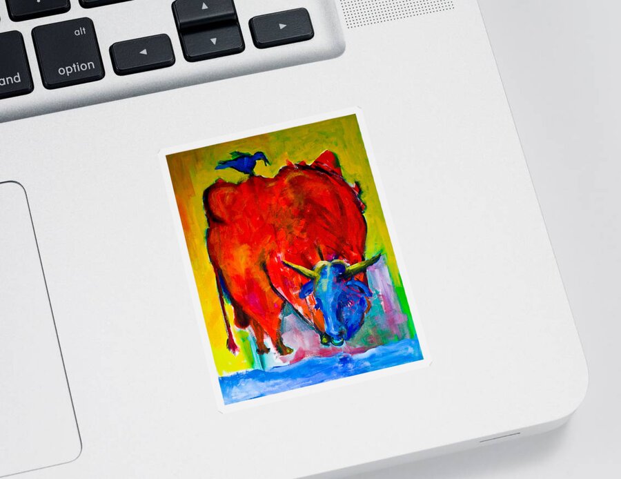 Bull Sticker featuring the painting Red Bull With A Bird by Maxim Komissarchik