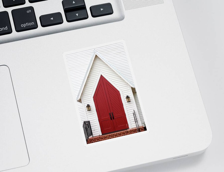 Red Sticker featuring the photograph Red Chapel Door by Ella Kaye Dickey