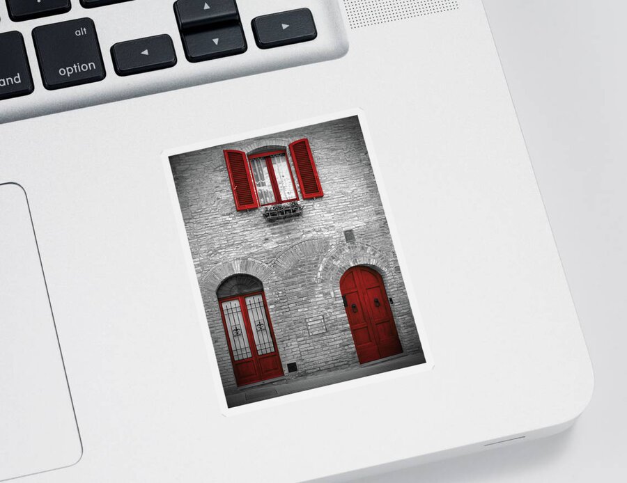 Doors And Windows Sticker featuring the photograph Red Doors and Windows in San Gimignano Italy by Lily Malor