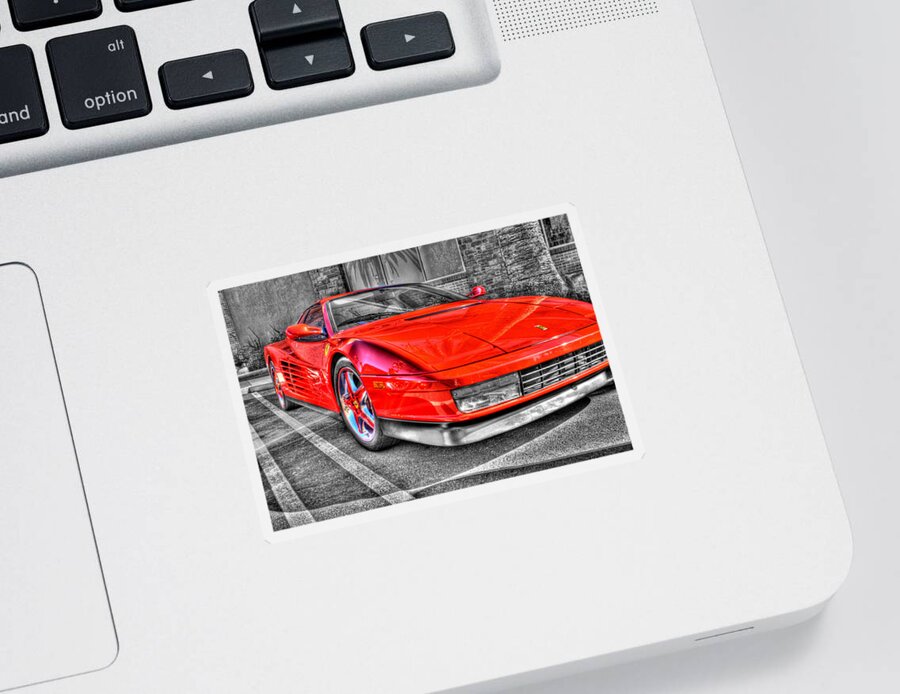 Hdr Sticker featuring the photograph Red Ferrari- Focal Black and White by Randy Wehner