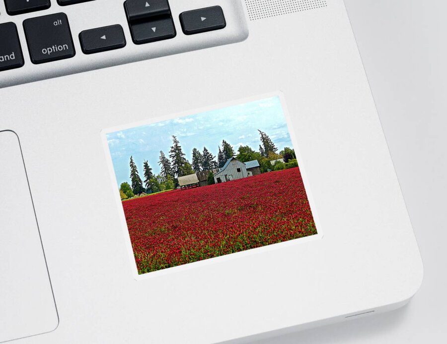 Red Sticker featuring the digital art Red Field Barn by Gary Olsen-Hasek
