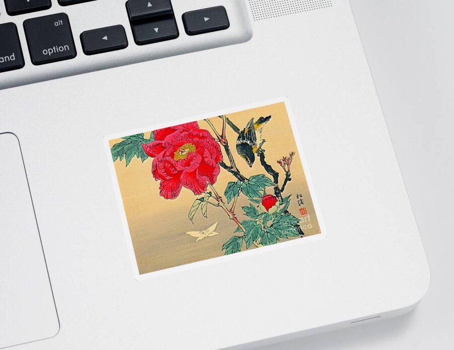 Red Flower 1870 Sticker featuring the photograph Red Flower with Bird 1870 by Padre Art