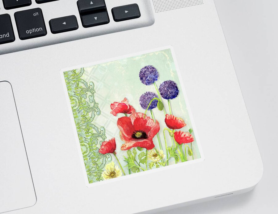 Red Poppy Sticker featuring the painting Red Poppy Purple Allium III - Retro Modern Patterns by Audrey Jeanne Roberts