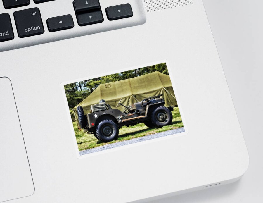 Jeep Sticker featuring the photograph Restored Willys Jeep and Tent at Fort Miles by Bill Swartwout