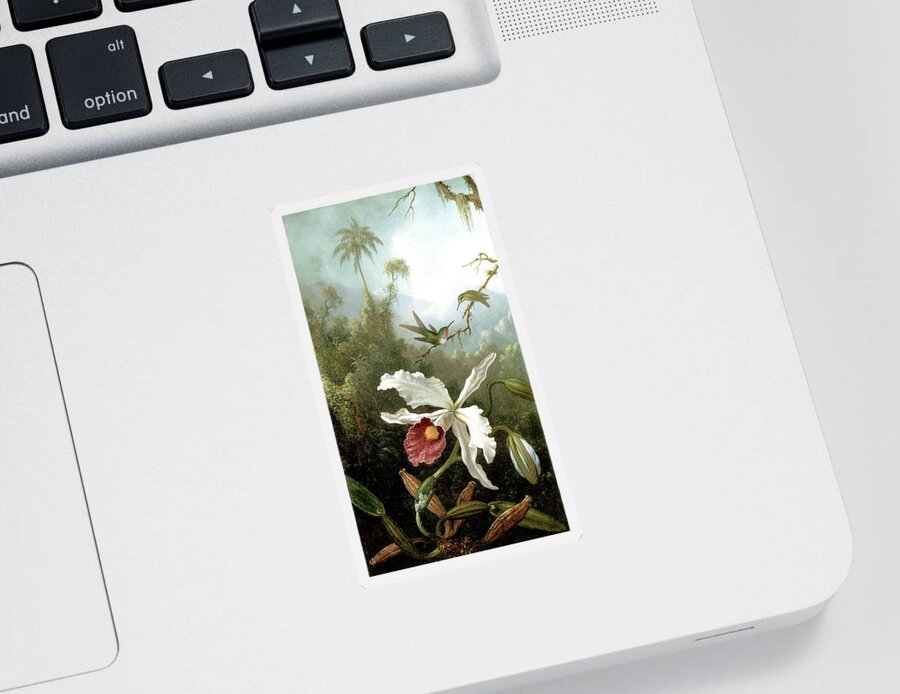 Masters Sticker featuring the painting Retouched Masters - Orchid and Hummingbirds in tropical forest by Audrey Jeanne Roberts