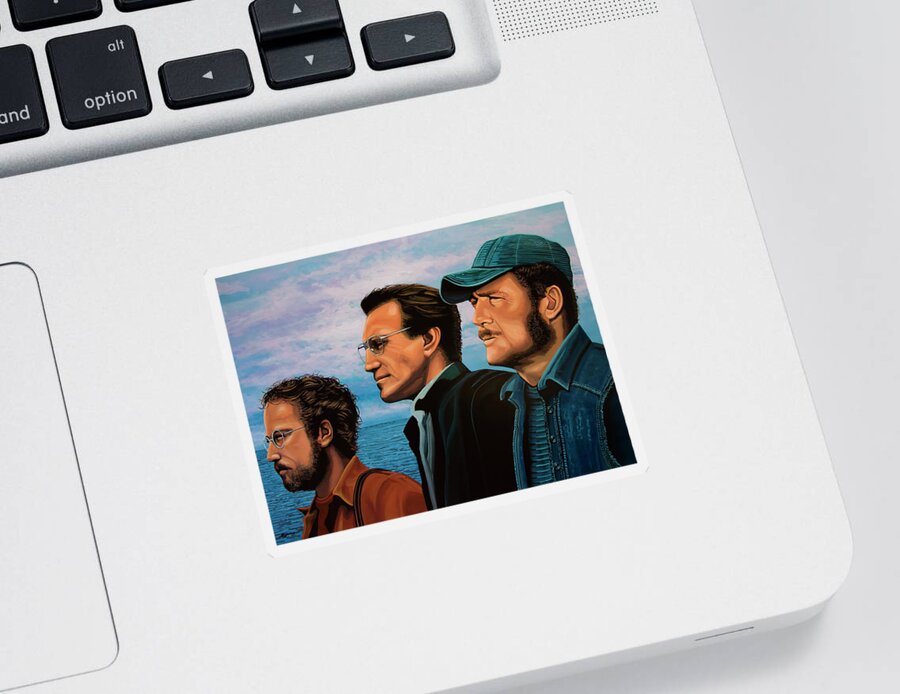 Jaws Sticker featuring the painting Jaws with Richard Dreyfuss, Roy Scheider and Robert Shaw by Paul Meijering