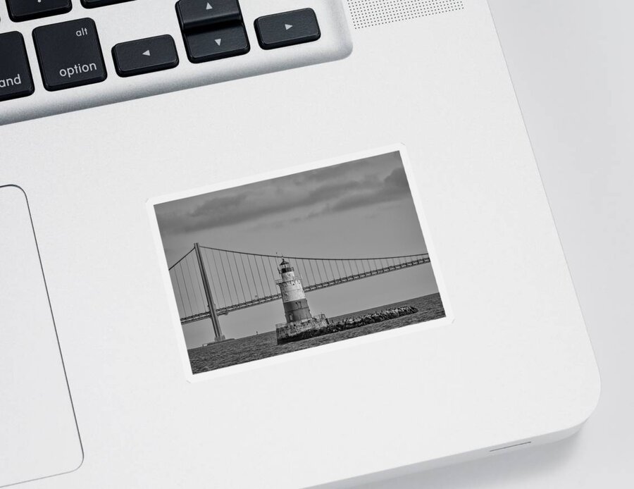 Robbins Reef Light Sticker featuring the photograph Robbins Reef Light BW by Susan Candelario