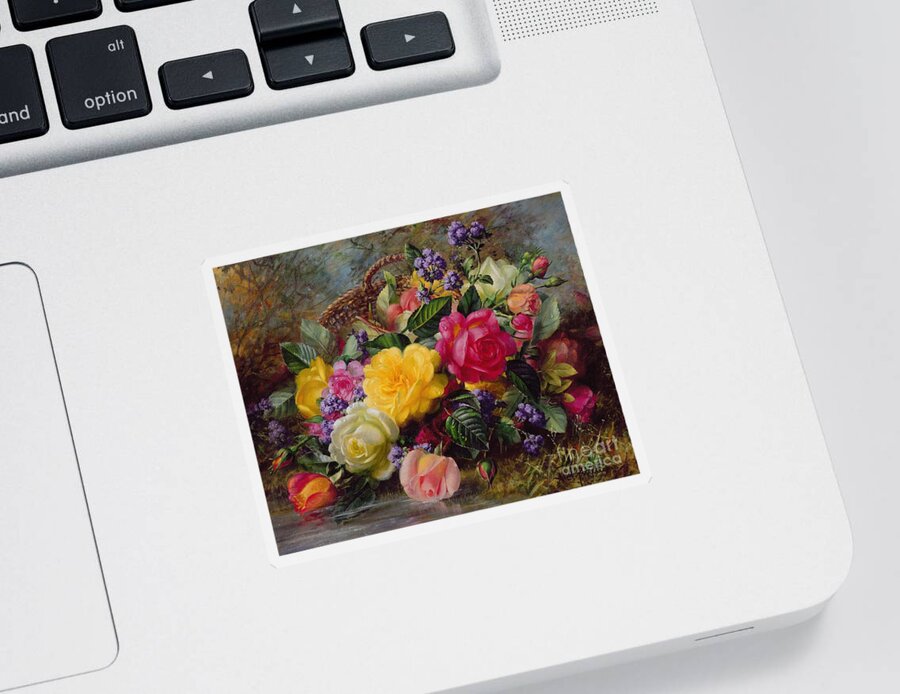 Rose; Flower; Reflection; Flowers; Pink; Yellow; White; Roses; Basket; Water; Grass; Grassy; Grassy Bank; Pond Sticker featuring the painting Roses by a Pond on a Grassy Bank by Albert Williams