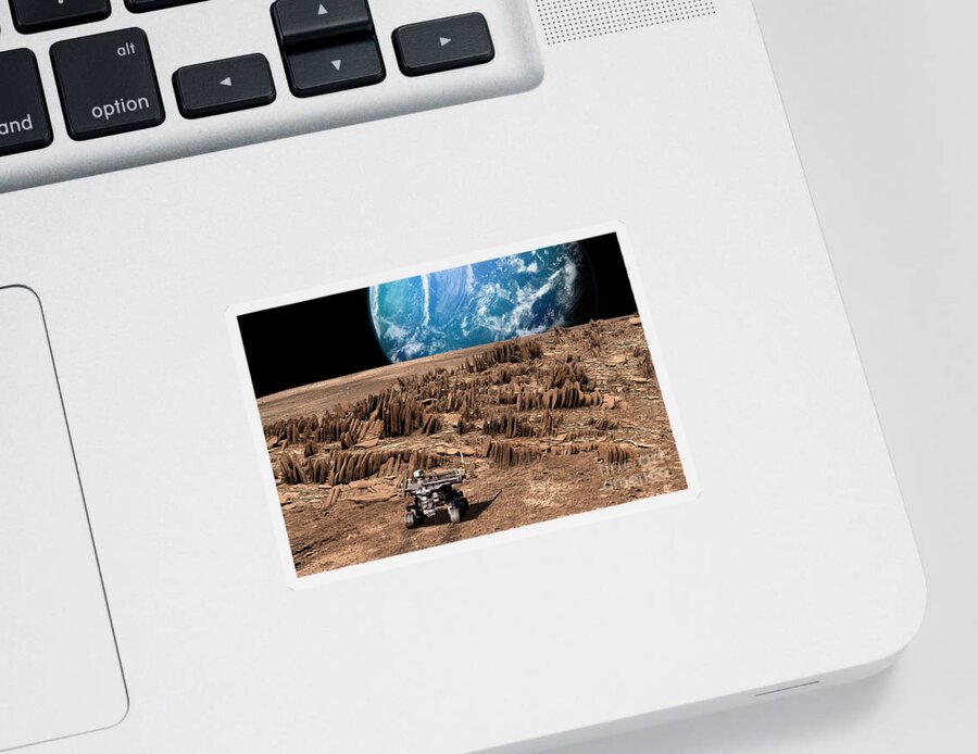 Barren Planet Sticker featuring the photograph Rover On Moon-like Planet by Marc Ward