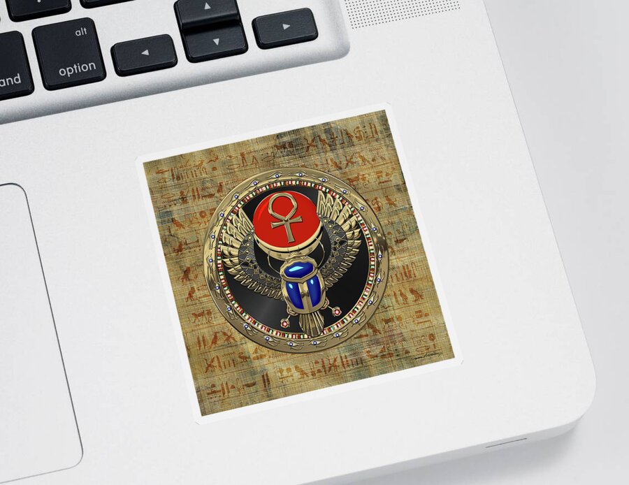 ‘treasures Of Egypt’ Collection By Serge Averbukh Sticker featuring the digital art Sacred Egyptian Winged Scarab with Ankh in Gold and Gems over Papyrus Covered with Hieroglyphics by Serge Averbukh