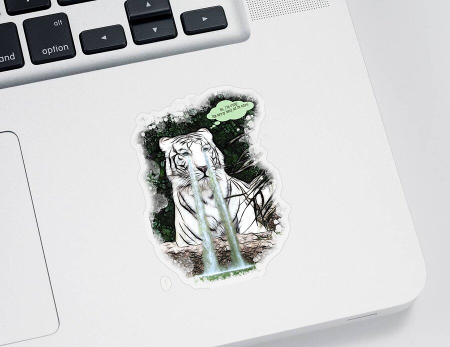White Tiger Sticker featuring the painting Sad White Tiger Typography by Georgeta Blanaru