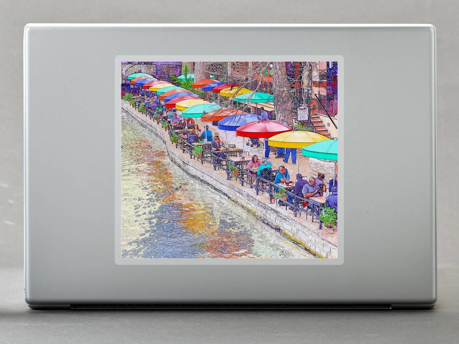 Cafe Sticker featuring the photograph San Antonio Riverwalk Umbrellas by Kristina Deane